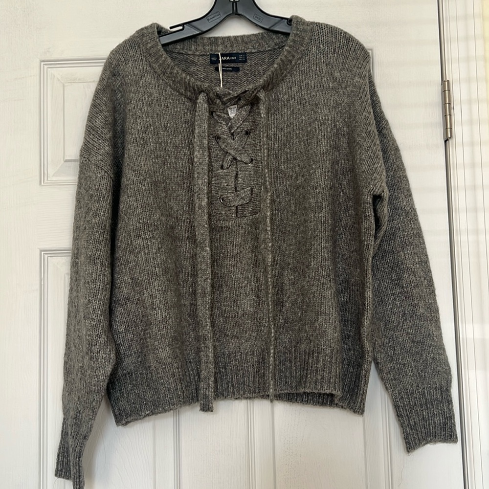 New Zara Women’s Gray Wool Blend Lace Up Knit Sweater, Size Small